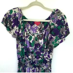 ELLE Abstract Print Flutter Sleeve Smocked Midi Dress Purple/Green Womens S Boho